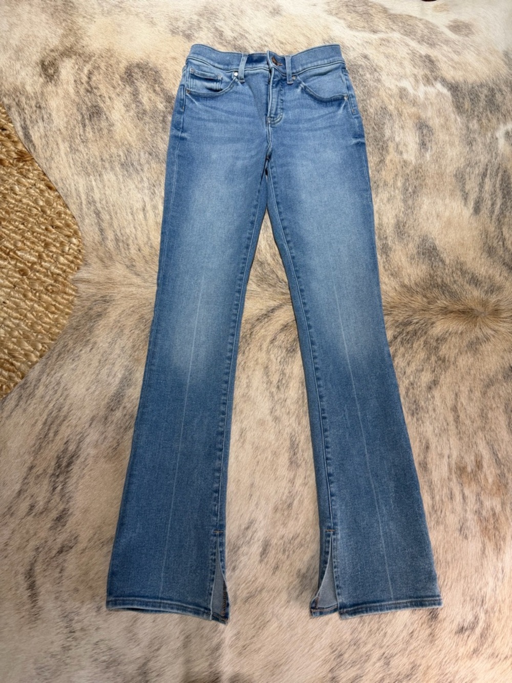 Express Skyscraper High Rise Flare Jeans Split Hem Medium Wash Size 2